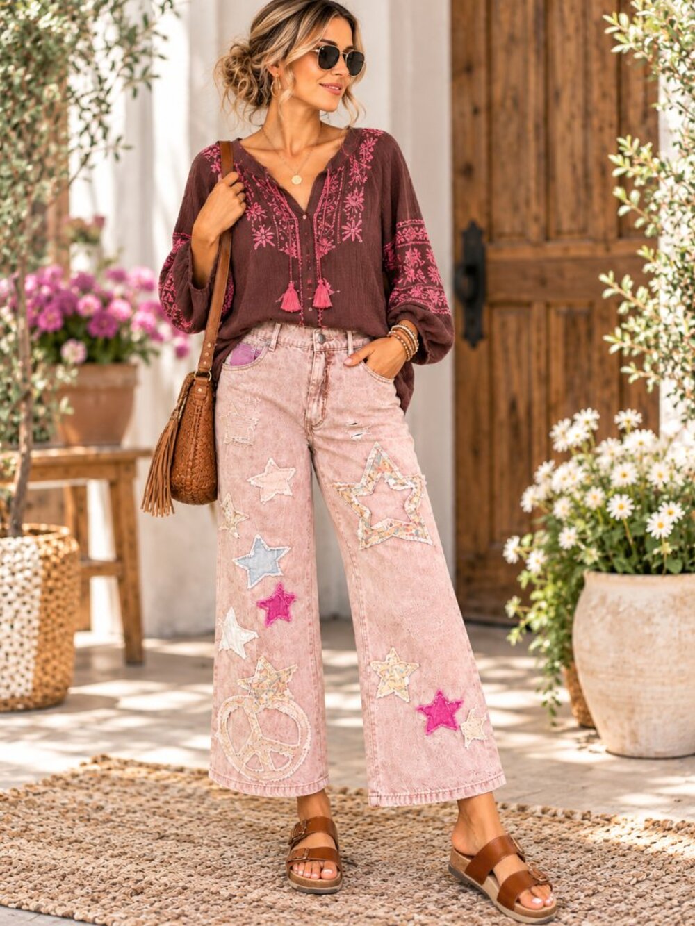Oli & Hali Pink Wide Leg Patchwork Jeans Peace Star Appliqué Distressed Large